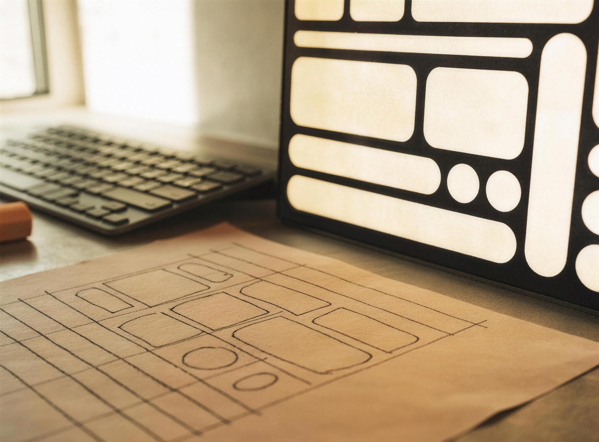 A web design desk with a wireframe on screen beside a grid sketch drawn by hand
